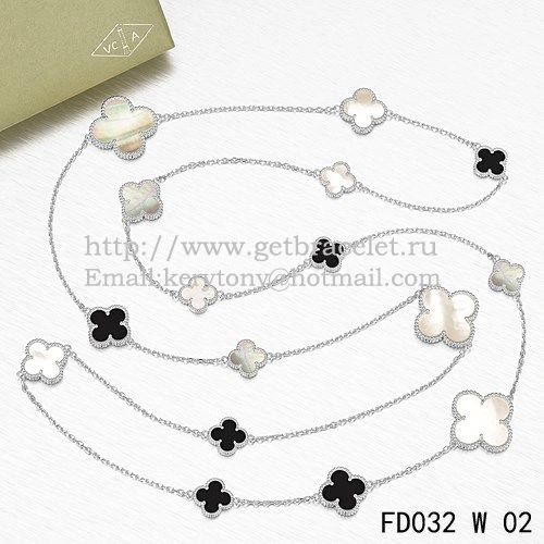 Van Cleef & Arpels Magic Alhambra Necklace White Gold 16 Motifs With Black Agate White Gray Mother Of Pearl