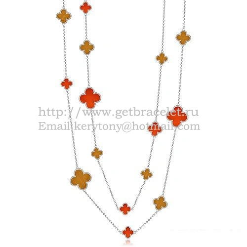 Van Cleef & Arpels Magic Alhambra Necklace White Gold 16 Motifs With Red Onyx Tiger’s Eye Mother Of Pearl
