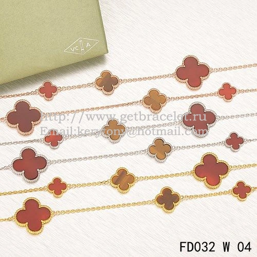 Van Cleef & Arpels Magic Alhambra Necklace White Gold 16 Motifs With Red Onyx Tiger’s Eye Mother Of Pearl