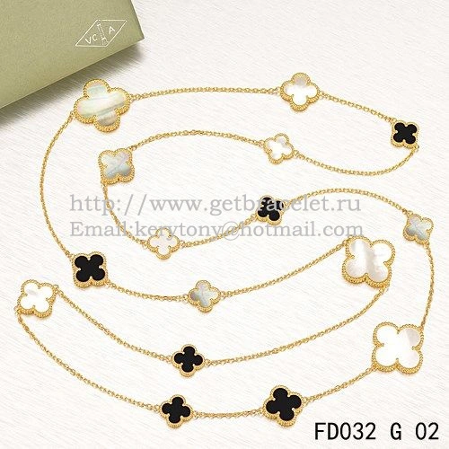 Van Cleef & Arpels Magic Alhambra Necklace Yellow Gold 16 Motifs With Black Agate White Gray Mother Of Pearl