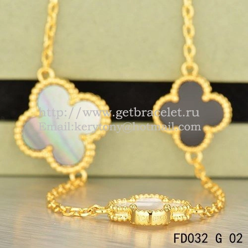 Van Cleef & Arpels Magic Alhambra Necklace Yellow Gold 16 Motifs With Black Agate White Gray Mother Of Pearl