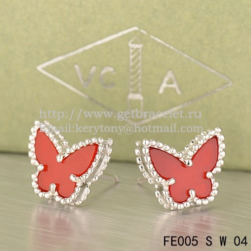 Van Cleef & Arpels Sweet Alhambra Butterfly Earrings White Gold With Carnelian Mother Of Pearl