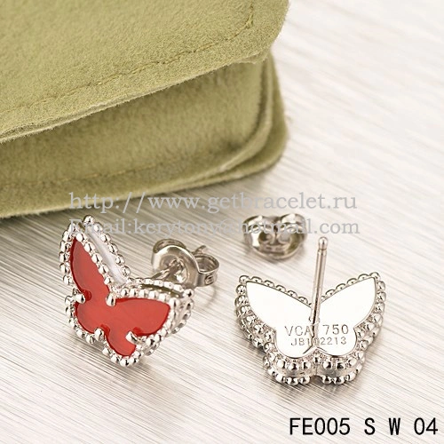Van Cleef & Arpels Sweet Alhambra Butterfly Earrings White Gold With Carnelian Mother Of Pearl