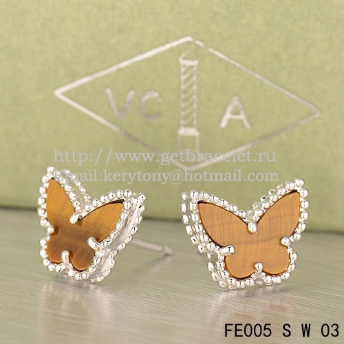 Van Cleef & Arpels Sweet Alhambra Butterfly Earrings White Gold With Tiger’s Eye Mother Of Pearl