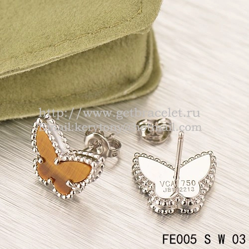Van Cleef & Arpels Sweet Alhambra Butterfly Earrings White Gold With Tiger’s Eye Mother Of Pearl