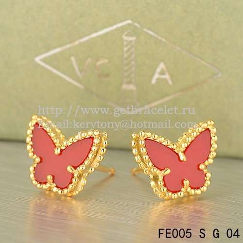 Van Cleef & Arpels Sweet Alhambra Butterfly Earrings Yellow Gold With Carnelian Mother Of Pearl