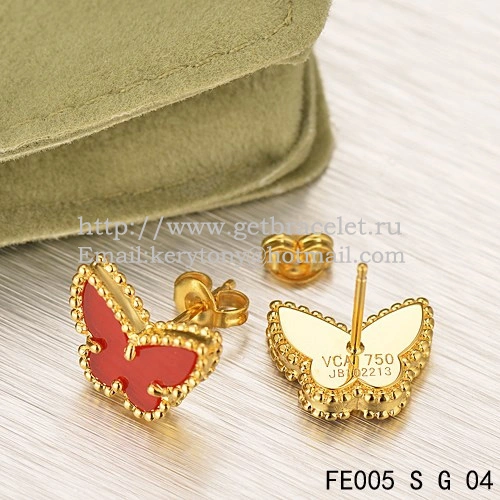 Van Cleef & Arpels Sweet Alhambra Butterfly Earrings Yellow Gold With Carnelian Mother Of Pearl