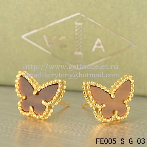 Van Cleef & Arpels Sweet Alhambra Butterfly Earrings Yellow Gold With Tiger’s Eye Mother Of Pearl