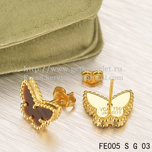 Van Cleef & Arpels Sweet Alhambra Butterfly Earrings Yellow Gold With Tiger’s Eye Mother Of Pearl