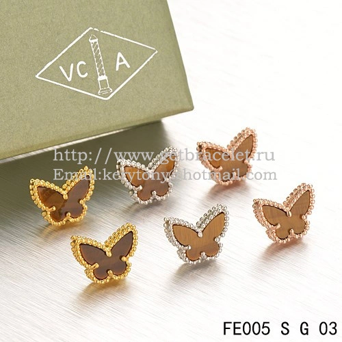 Van Cleef & Arpels Sweet Alhambra Butterfly Earrings Yellow Gold With Tiger’s Eye Mother Of Pearl