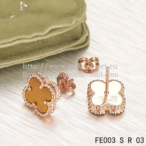 Van Cleef & Arpels Sweet Alhambra Earrings Pink Gold With Tiger’s Eye Mother Of Pearl