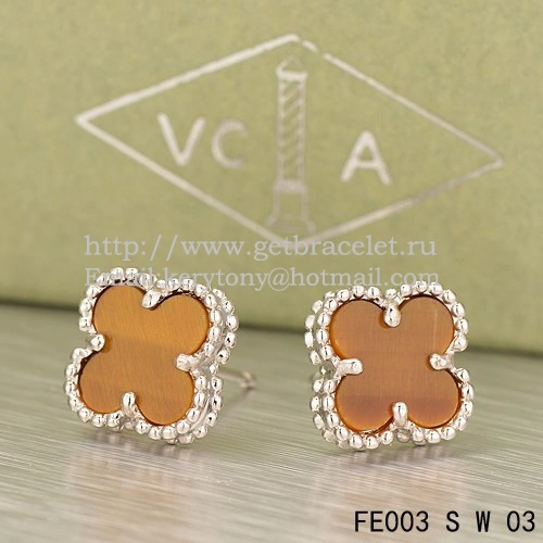 Van Cleef & Arpels Sweet Alhambra Earrings White Gold With Tiger’s Eye Mother Of Pearl