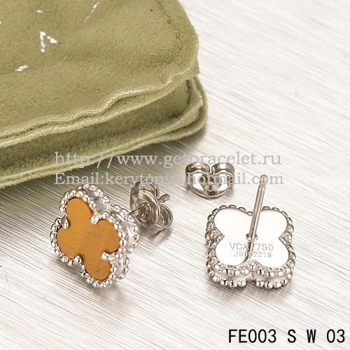 Van Cleef & Arpels Sweet Alhambra Earrings White Gold With Tiger’s Eye Mother Of Pearl