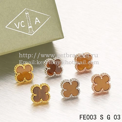 Van Cleef & Arpels Sweet Alhambra Earrings Yellow Gold With Tiger’s Eye Mother Of Pearl