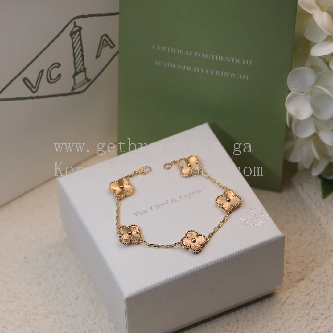 Van Cleef & Arpels Vintage Alhambra Bracelet 5 Motifs Guilloche Yellow Gold Rose Gold White Gold