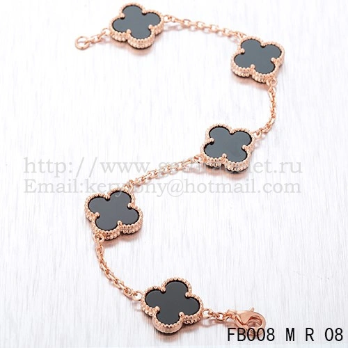 Van Cleef & Arpels Vintage Alhambra Bracelet 5 Motifs Pink Gold With Black Agate Mother Of Pearl