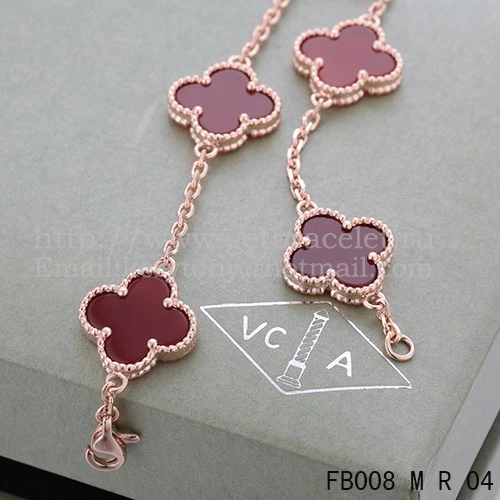 Van Cleef & Arpels Vintage Alhambra Bracelet 5 Motifs Pink Gold With Carnelian Mother Of Pearl