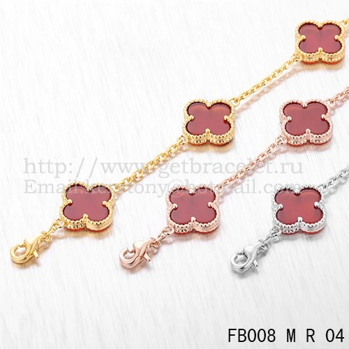 Van Cleef & Arpels Vintage Alhambra Bracelet 5 Motifs Pink Gold With Carnelian Mother Of Pearl