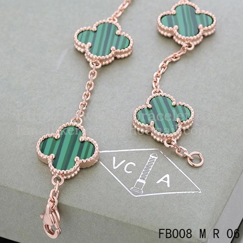 Van Cleef & Arpels Vintage Alhambra Bracelet 5 Motifs Pink Gold With Malachite Mother Of Pearl