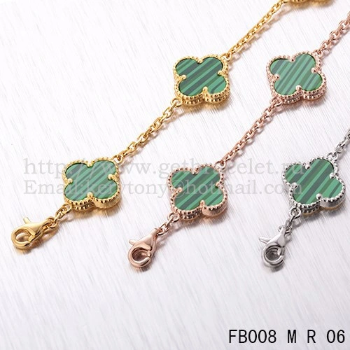 Van Cleef & Arpels Vintage Alhambra Bracelet 5 Motifs Pink Gold With Malachite Mother Of Pearl