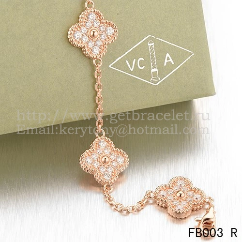 Van Cleef & Arpels Vintage Alhambra Bracelet 5 Motifs Pink Gold With Round Diamonds