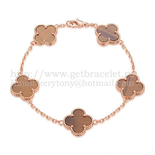 Van Cleef & Arpels Vintage Alhambra Bracelet 5 Motifs Pink Gold With Tiger’s Eye Mother Of Pearl