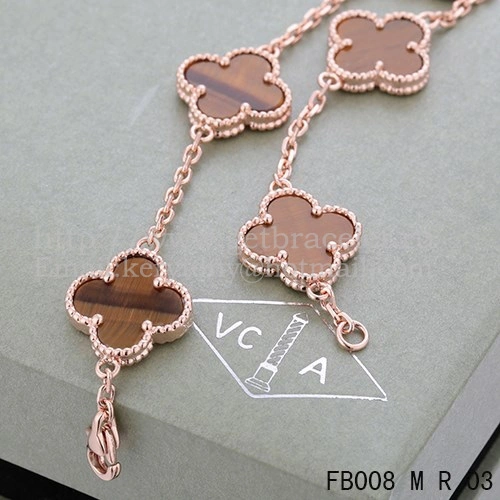 Van Cleef & Arpels Vintage Alhambra Bracelet 5 Motifs Pink Gold With Tiger’s Eye Mother Of Pearl