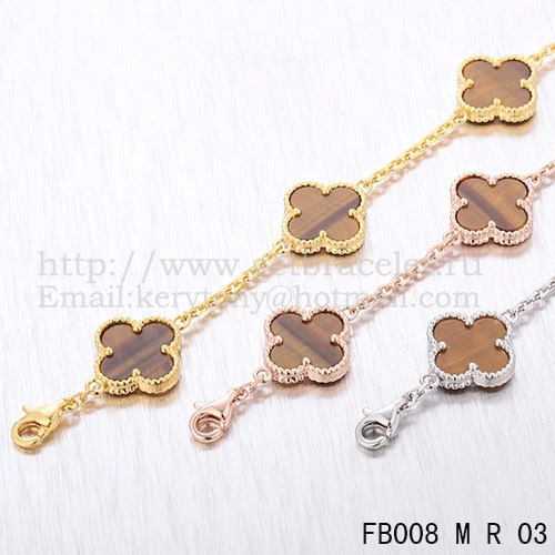 Van Cleef & Arpels Vintage Alhambra Bracelet 5 Motifs Pink Gold With Tiger’s Eye Mother Of Pearl