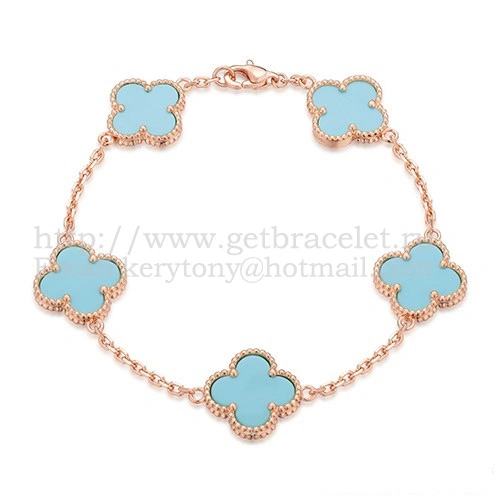 Van Cleef & Arpels Vintage Alhambra Bracelet 5 Motifs Pink Gold With Turquoise Mother Of Pearl