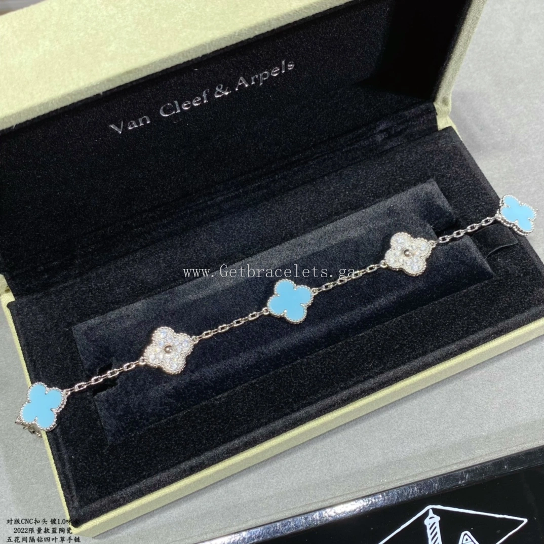 Van Cleef & Arpels Vintage Alhambra Bracelet 5 Motifs Turquoise and White Gold With Diamonds