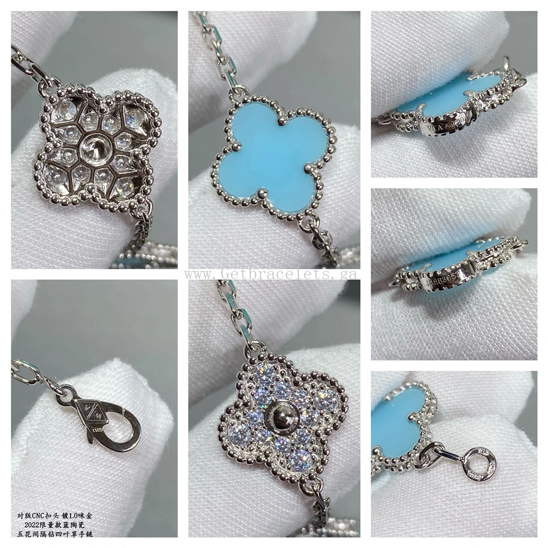 Van Cleef & Arpels Vintage Alhambra Bracelet 5 Motifs Turquoise and White Gold With Diamonds