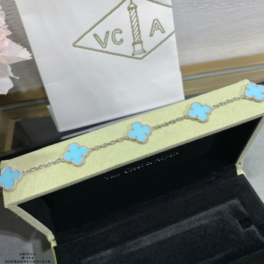 Van Cleef & Arpels Vintage Alhambra Bracelet 5 Motifs Turquoise and White Gold