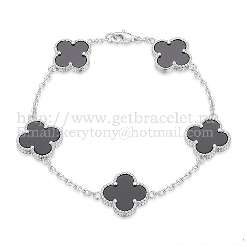 Van Cleef & Arpels Vintage Alhambra Bracelet 5 Motifs White Gold With Black Agate Mother Of Pearl