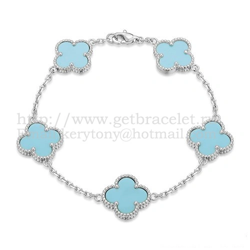Van Cleef & Arpels Vintage Alhambra Bracelet 5 Motifs White Gold With Turquoise Mother Of Pearl