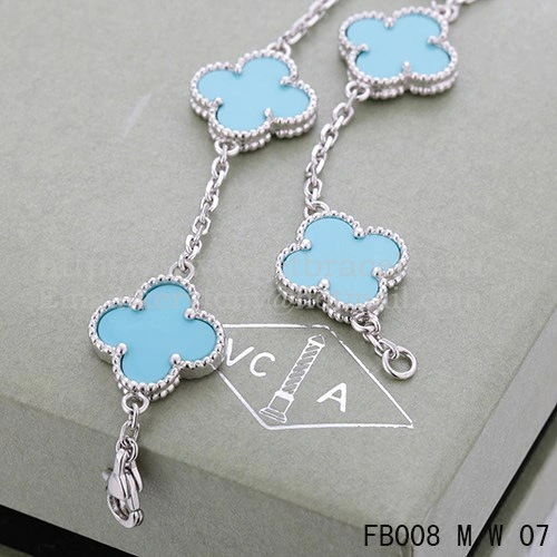 Van Cleef & Arpels Vintage Alhambra Bracelet 5 Motifs White Gold With Turquoise Mother Of Pearl