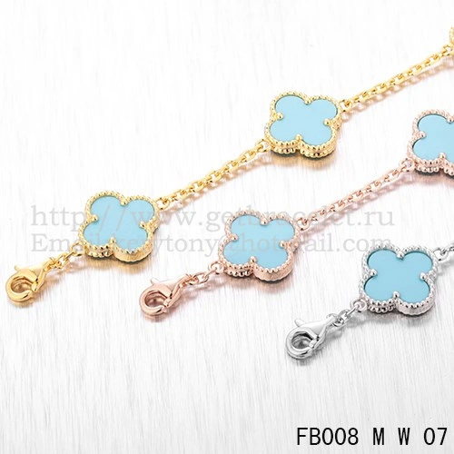 Van Cleef & Arpels Vintage Alhambra Bracelet 5 Motifs White Gold With Turquoise Mother Of Pearl