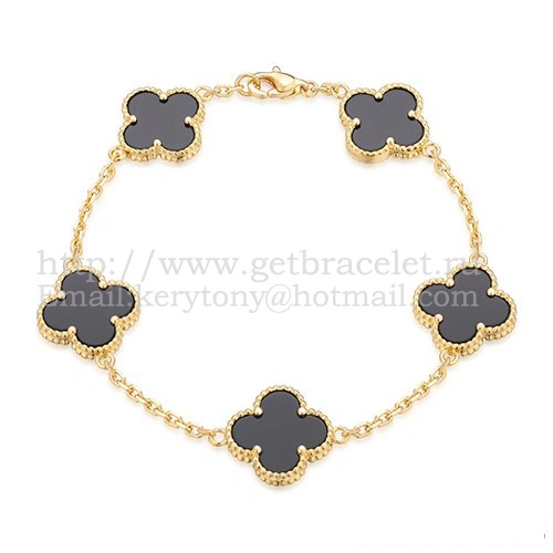 Van Cleef & Arpels Vintage Alhambra Bracelet 5 Motifs Yellow Gold With Black Agate Mother Of Pearl