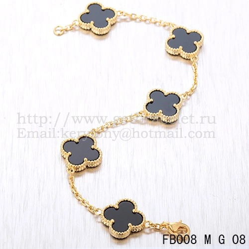 Van Cleef & Arpels Vintage Alhambra Bracelet 5 Motifs Yellow Gold With Black Agate Mother Of Pearl