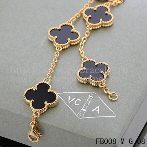 Van Cleef & Arpels Vintage Alhambra Bracelet 5 Motifs Yellow Gold With Black Agate Mother Of Pearl