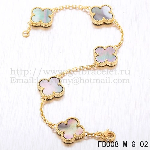 Van Cleef & Arpels Vintage Alhambra Bracelet 5 Motifs Yellow Gold With Gray Mother Of Pearl