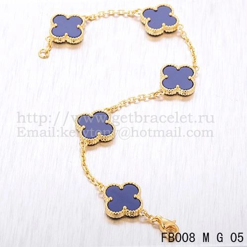 Van Cleef & Arpels Vintage Alhambra Bracelet 5 Motifs Yellow Gold With Lapis Mother Of Pearl