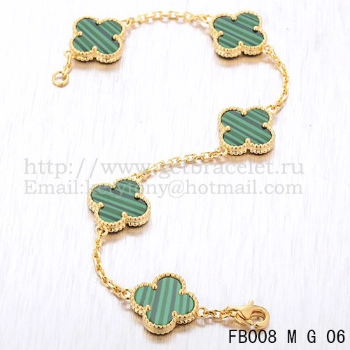 Van Cleef & Arpels Vintage Alhambra Bracelet 5 Motifs Yellow Gold With Malachite Mother Of Pearl