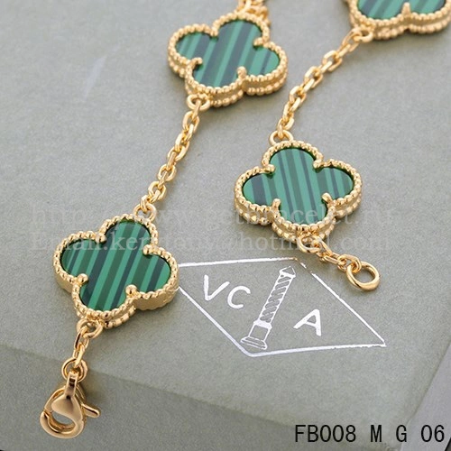 Van Cleef & Arpels Vintage Alhambra Bracelet 5 Motifs Yellow Gold With Malachite Mother Of Pearl