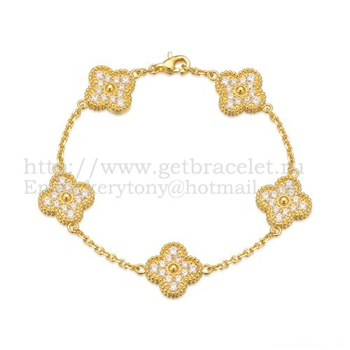 Van Cleef & Arpels Vintage Alhambra Bracelet 5 Motifs Yellow Gold With Round Diamonds