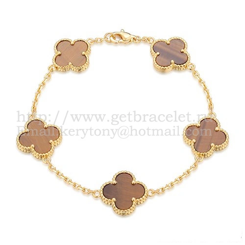 Van Cleef & Arpels Vintage Alhambra Bracelet 5 Motifs Yellow Gold With Tiger’s Eye Mother Of Pearl
