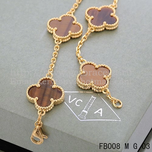 Van Cleef & Arpels Vintage Alhambra Bracelet 5 Motifs Yellow Gold With Tiger’s Eye Mother Of Pearl