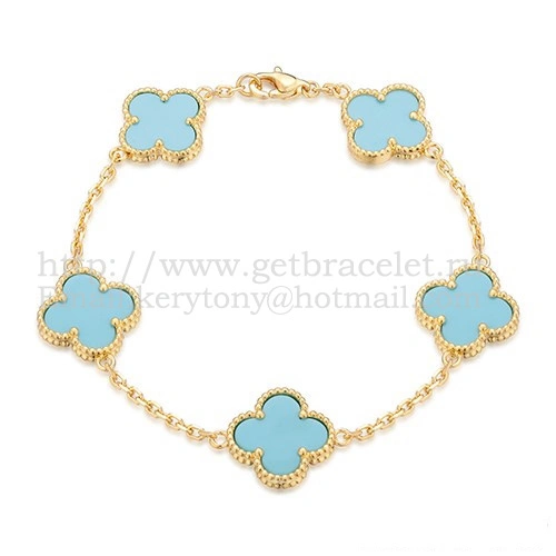 Van Cleef & Arpels Vintage Alhambra Bracelet 5 Motifs Yellow Gold With Turquoise Mother Of Pearl