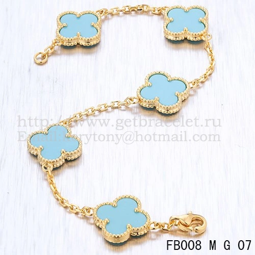 Van Cleef & Arpels Vintage Alhambra Bracelet 5 Motifs Yellow Gold With Turquoise Mother Of Pearl