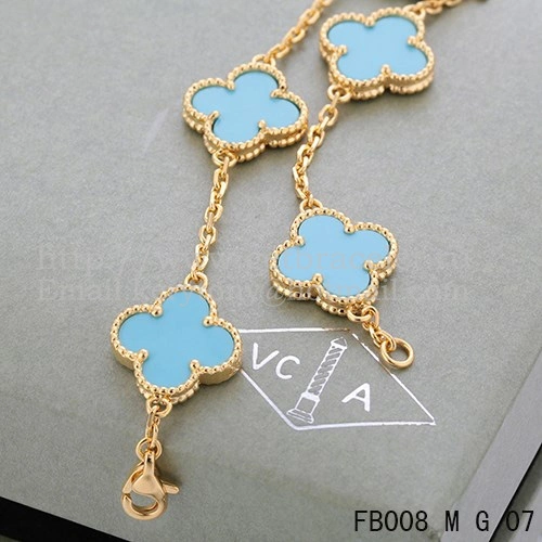 Van Cleef & Arpels Vintage Alhambra Bracelet 5 Motifs Yellow Gold With Turquoise Mother Of Pearl