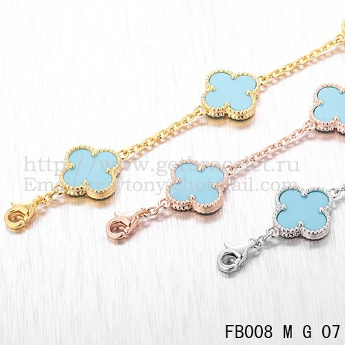 Van Cleef & Arpels Vintage Alhambra Bracelet 5 Motifs Yellow Gold With Turquoise Mother Of Pearl